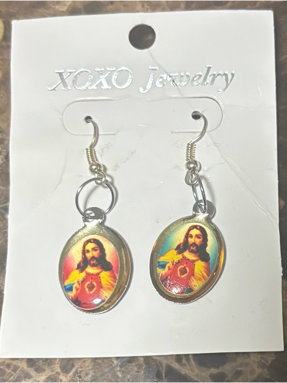 Gold Sacred Heart Jesus Dangle Earrings - Multicolor